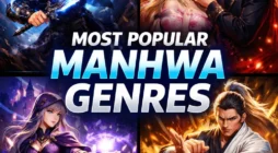 Most popular manhwa genres collage showing action, romance, fantasy and martial arts themes